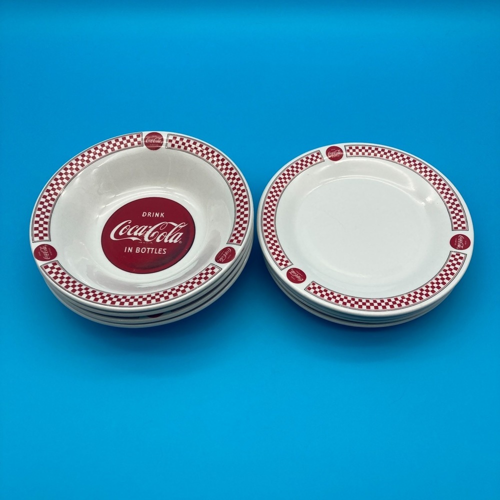 Y2K Coca-Cola Gibson Set 4 Plates & 4 Bowls Red Black Checkerboard Diner Style